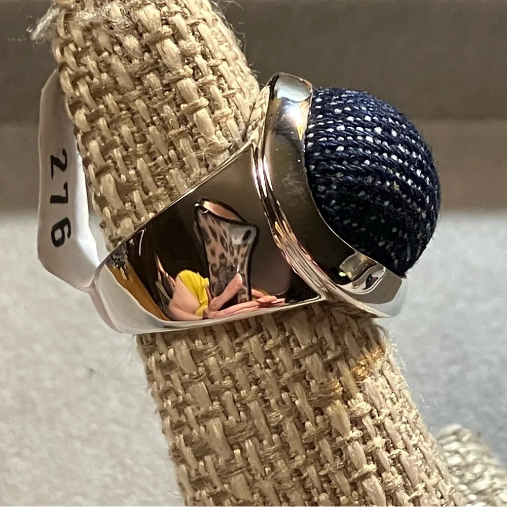 NEW Camille Lucie Dark Blue Denim Fabric Dome Silver Tone Ring 5.5